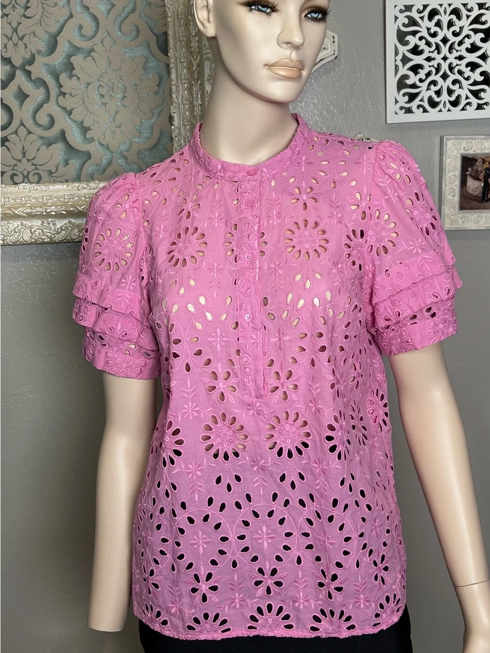 J. Crew Pink Eyelet Short puff Sleeve Blouse